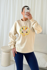 Smiley pattern ecru embroidered sweater and legging set