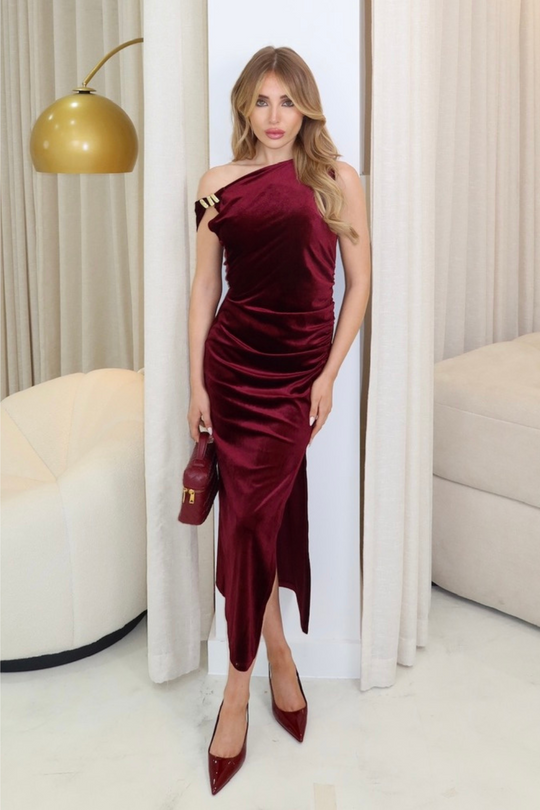 Miranda burgundy velour midi dress