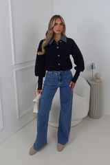AVA NAVY GOLD BUTTON UP CARDIGAN WITH DENIM COLLAR