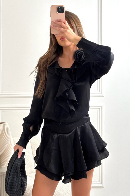 Paloma black ruffle trim shirt & skirt co ord