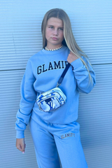 Mini baby blue Glamify embroidered sweater jogger loungewear