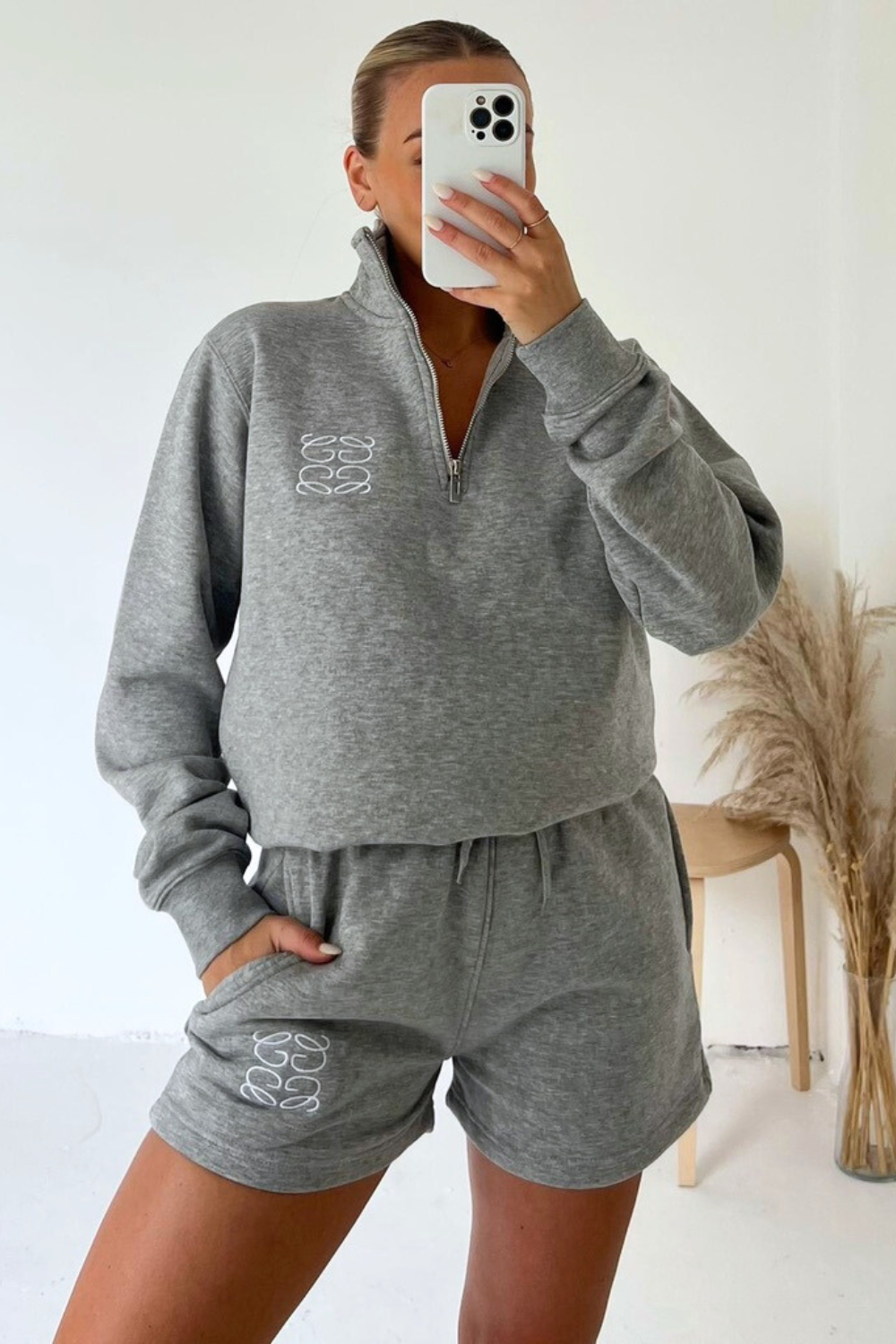 GeGe Melange Grey Embroidered Premium 3 4 Short Loungewear Set