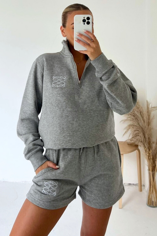 GeGe Melange Grey Embroidered Premium 3/4 Short Loungewear Set