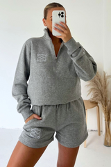 Gege Melange Grey Embroidered Premium 3/4 Short Loungewear Set