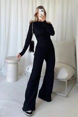 Kaci black draped long sleeve top and trouser co-ord