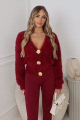 Maddie burgundy fluffy knit gold button cardigan