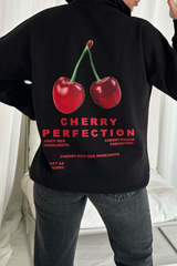 Cherry perfection black 3/4 zip up printed sweater