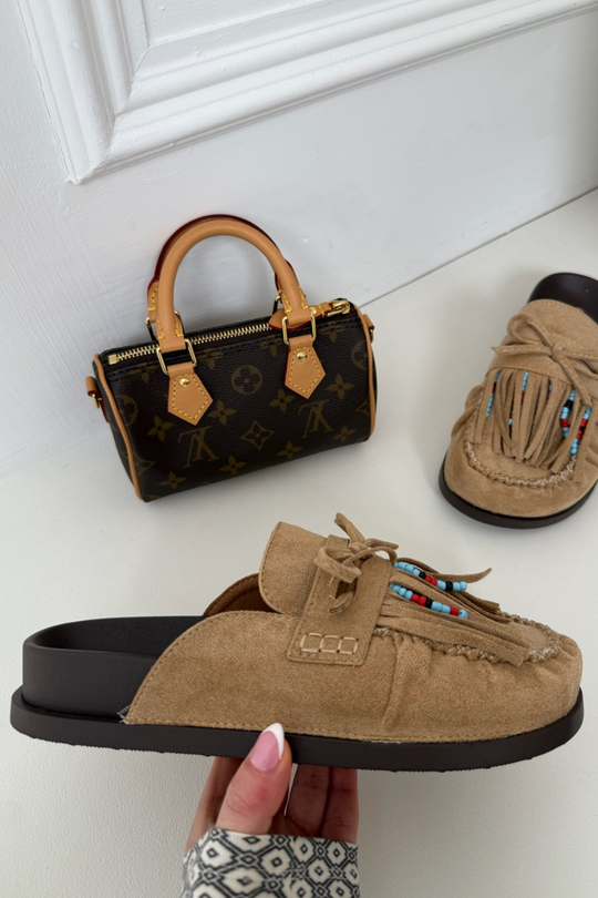ORLANDA BEIGE FAUX SUEDE BEADED TASSLE MULE