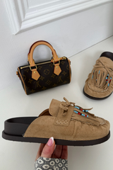 ORLANDA BEIGE FAUX SUEDE BEADED TASSLE MULE