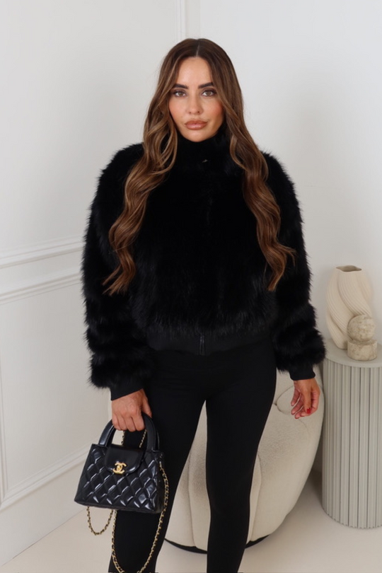 Tia black faux fur cropped jacket
