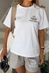 Emblem mocha stripe embroidered shorts - Resort Collective