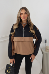 DEMI BLACK TWO TONE QUARTER ZIP WINDBREAKER TOP
