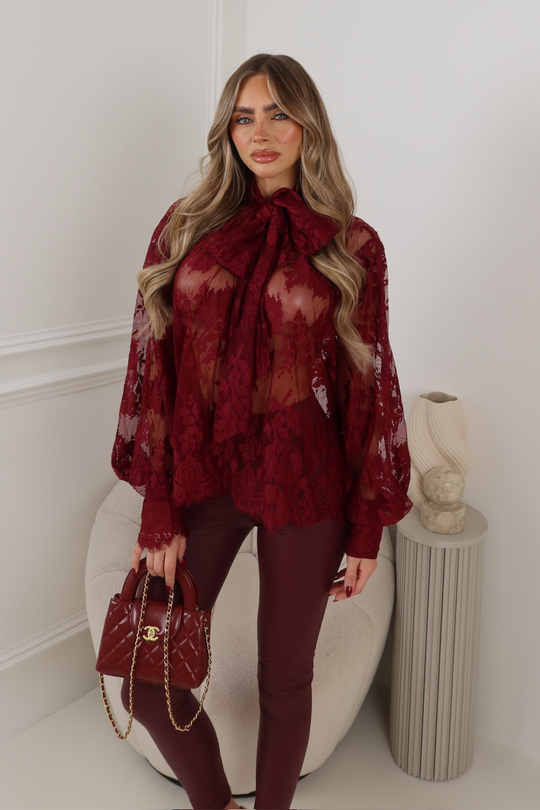 BELLA BURGUNDY LACE BOW NECK BLOUSE