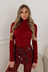 RAMONA BURGUNDY RUCHED LONG SLEEVE HIGH NECK TOP