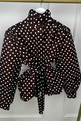 GABRIELLA CHOCOLATE POLKA DOT BELTED PUFF SLEEVE HIGH NECK JACKET