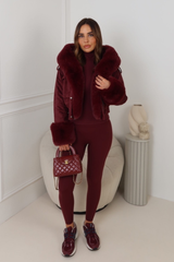 SILAS BURGUNDY FAUX SUEDE CROPPED FAUX FUR CUFF & HOODED JACKET