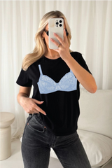 Lace blue bra printed black t-shirt