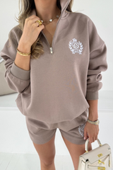 St Moritz mocha & white embroidered oversized 3/4 sweater shorts loungewear