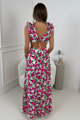 KEELEY PINK RUFFLE SHOULDER CUT OUR SUMMER MAXI DRESS