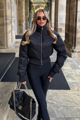 GRACE BLACK FITTED ZIP UP CROPPED PUFFER JACKET