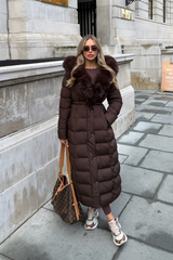 Delphine Chocolate Long Faux Fur Collar Puffer Jacket