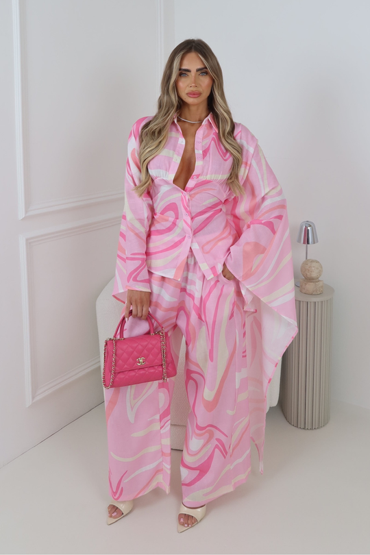 PRIYA PINK CAPE TOP & TROUSERS TWO PIECE SET