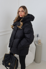 CARMILLA BLACK HIGH COLLAR SHINE FINISH HOODED PUFFER COAT