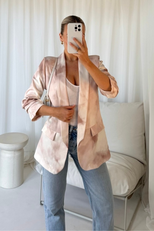 Vivienne beige tie dye ruched sleeve blazer