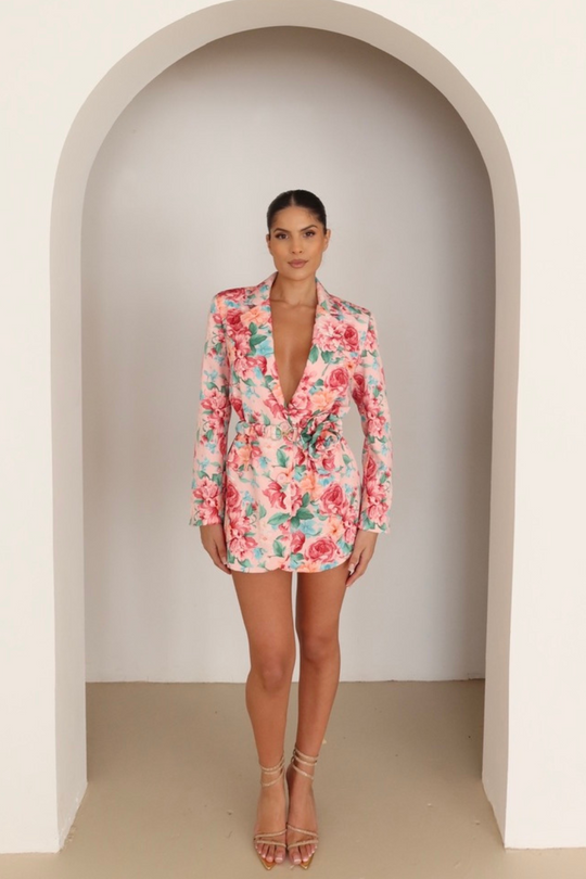 Kenya pink floral rose belted blazer dress