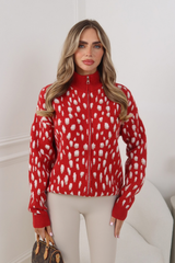 OTTIE RED DEER PRINT ZIP UP KNITTED CARDIGAN