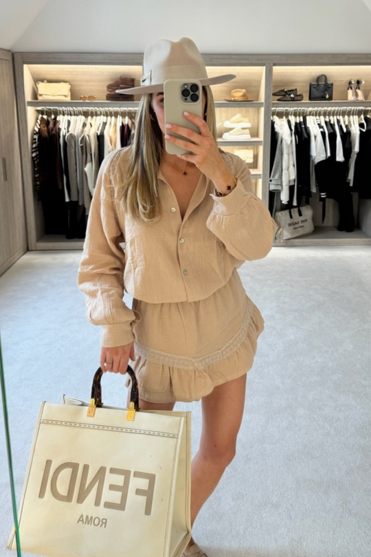 Amanda beige Cheesecloth Linen Shirt And Skort Co-ord