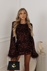 JESSICA CHOCOLATE SEQUIN LONG SLEEVE FEATHER CUFF DRESS