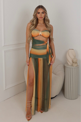 Daisy green and orange multi mesh bodysuit & maxi skirt co ord