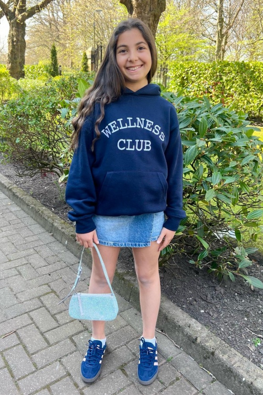 Mini wellness club navy embroidered hoodie