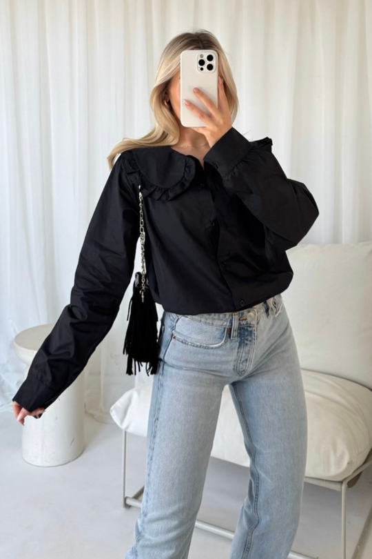 Lizzie black oversized frill collar shirt