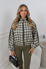 MAXINE GREEN CHECK STRIPE DETAIL ZIP UP JACKET