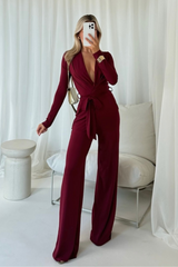 Scarlett Burgundy Long Sleeved Flared Leg jumpsuit