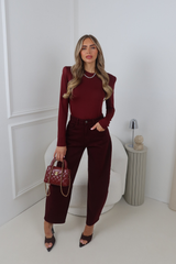 SELENA BURGUNDY SHOULDER PADDED LONG SLEEVE TOP