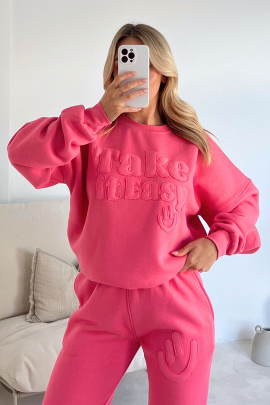 Take it easy pink lemonade embroidered sweater joggers premium loungewear