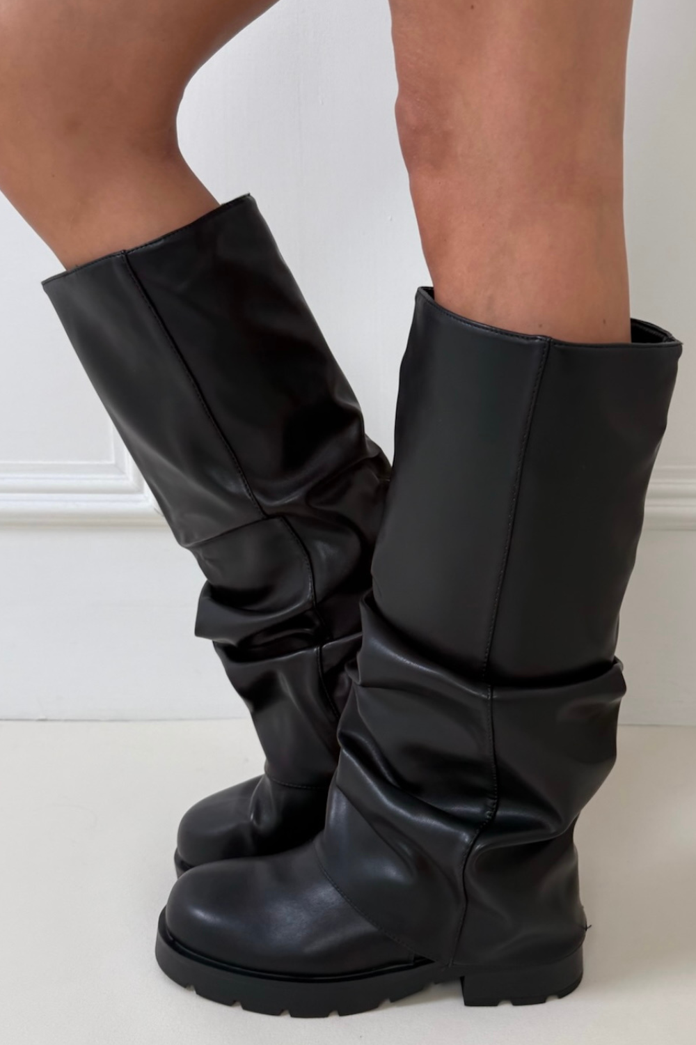 Black Boots No Heel Leather Boots Gabe Flat Knee High Boots Black