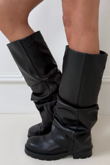 Emilia Black faux leather ruched fold over flat boots