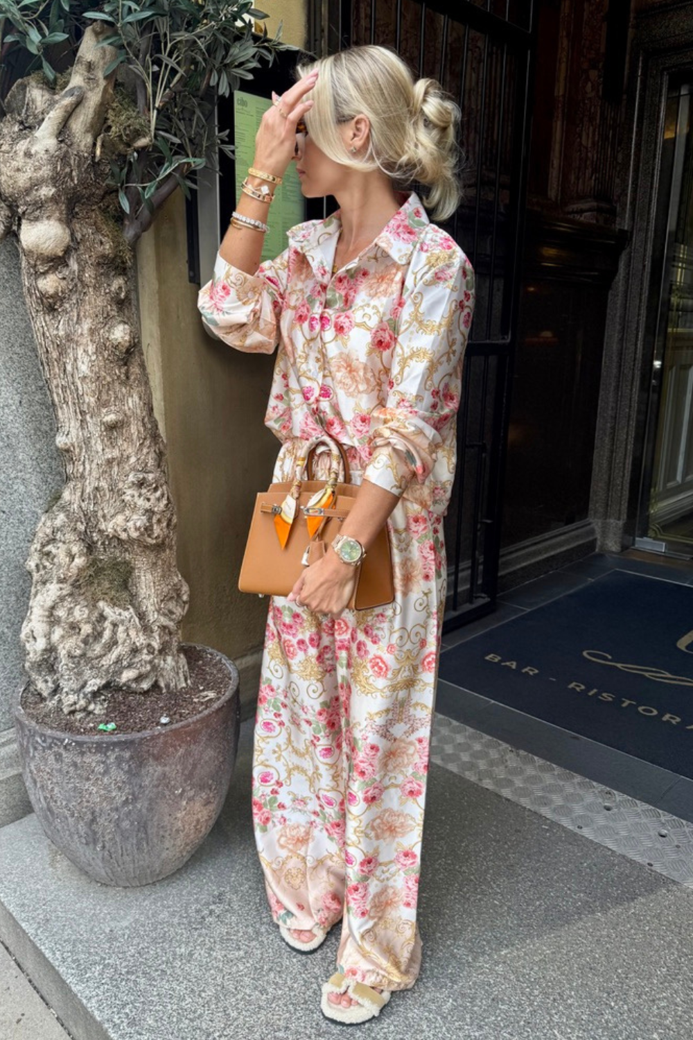Charlie beige floral satin shirt and trouser co-ord
