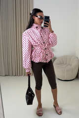 GABRIELLA PINK POLKA DOT BELTED PUFF SLEEVE HIGH NECK JACKET