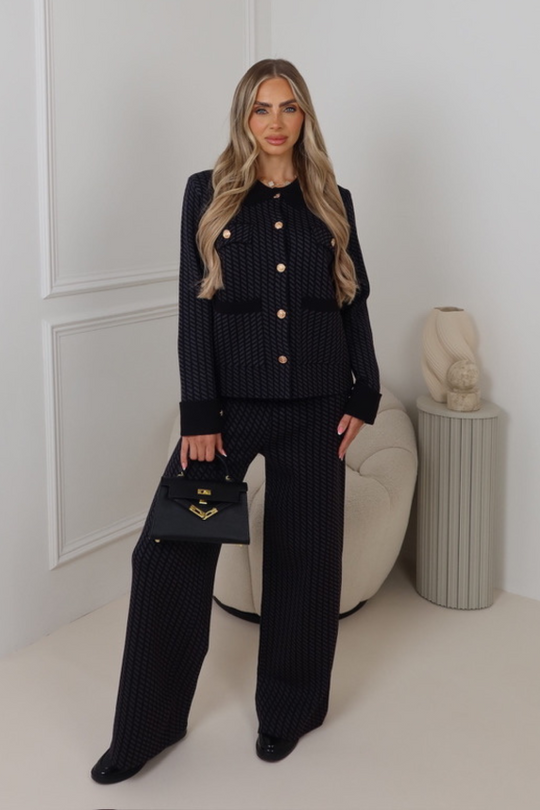 Ashley navy patterned cardigan trouser knitted co-ord