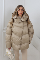 CARMILLA TAUPE HIGH COLLAR SHINE FINISH HOODED PUFFER COAT