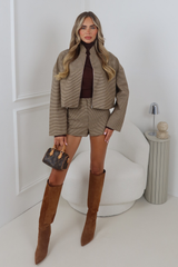 ARIA BEIGE CHECK ZIP UP CROPPED JACKET