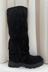 Alivia black faux suede knee high flat boots
