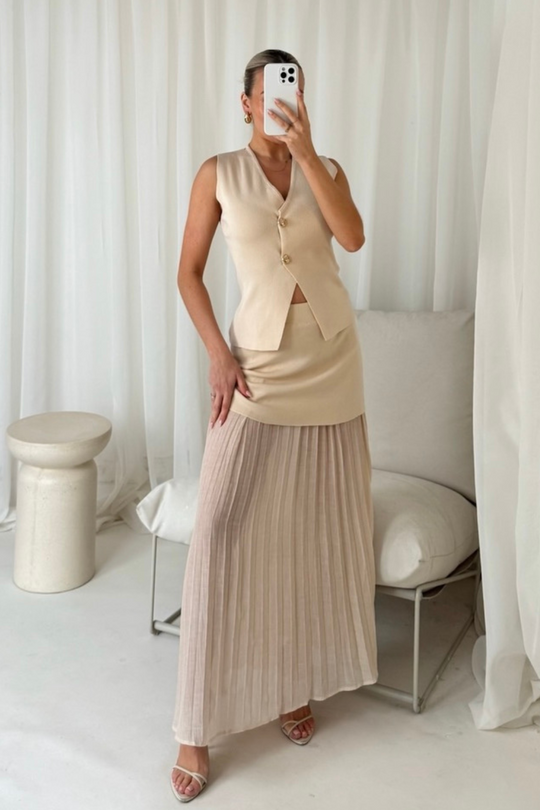 Sandy cream knit waistcoat & pleated sheer maxi skirt