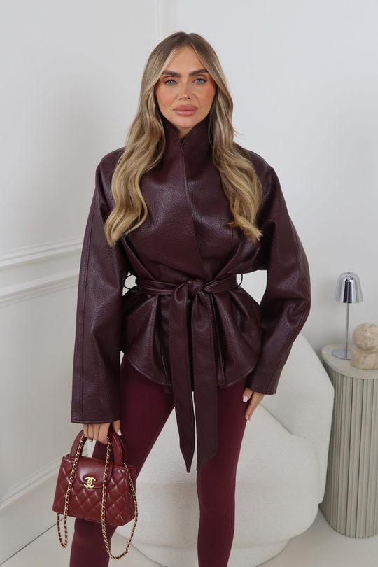 HARLOW BURGUNDY LEATHER LAPEL COLLAR BELTED JACKET