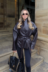 HARLOW CHOCOLATE LEATHER LAPEL COLLAR BELTED JACKET